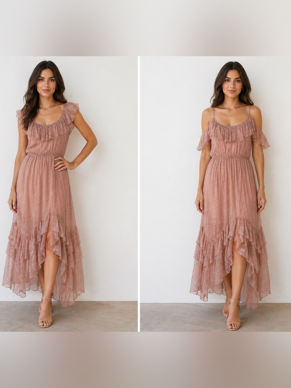 Love Sam Dusty Rose Ruffled High-Low Maxi Dress
